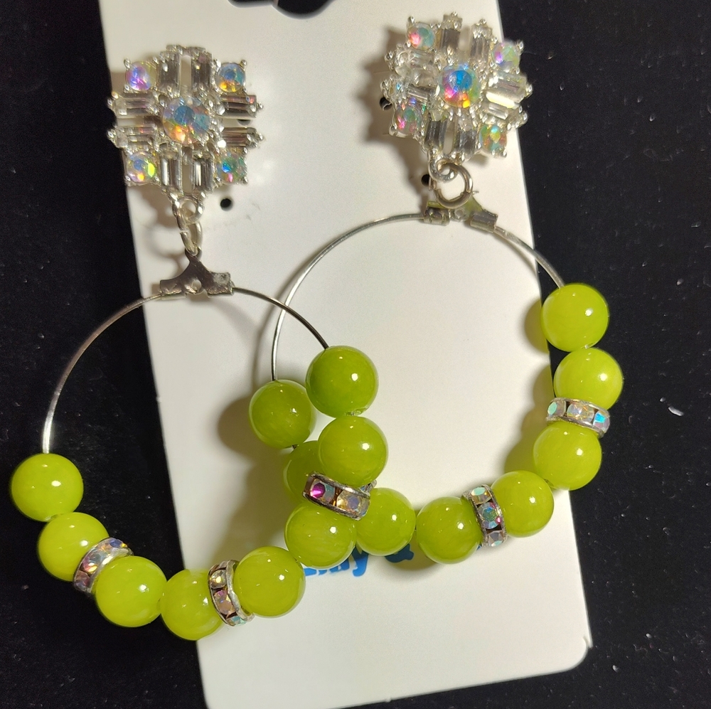 Lilly & Lib Elegant Lime Green Beaded & ctystal Hoop Earrings